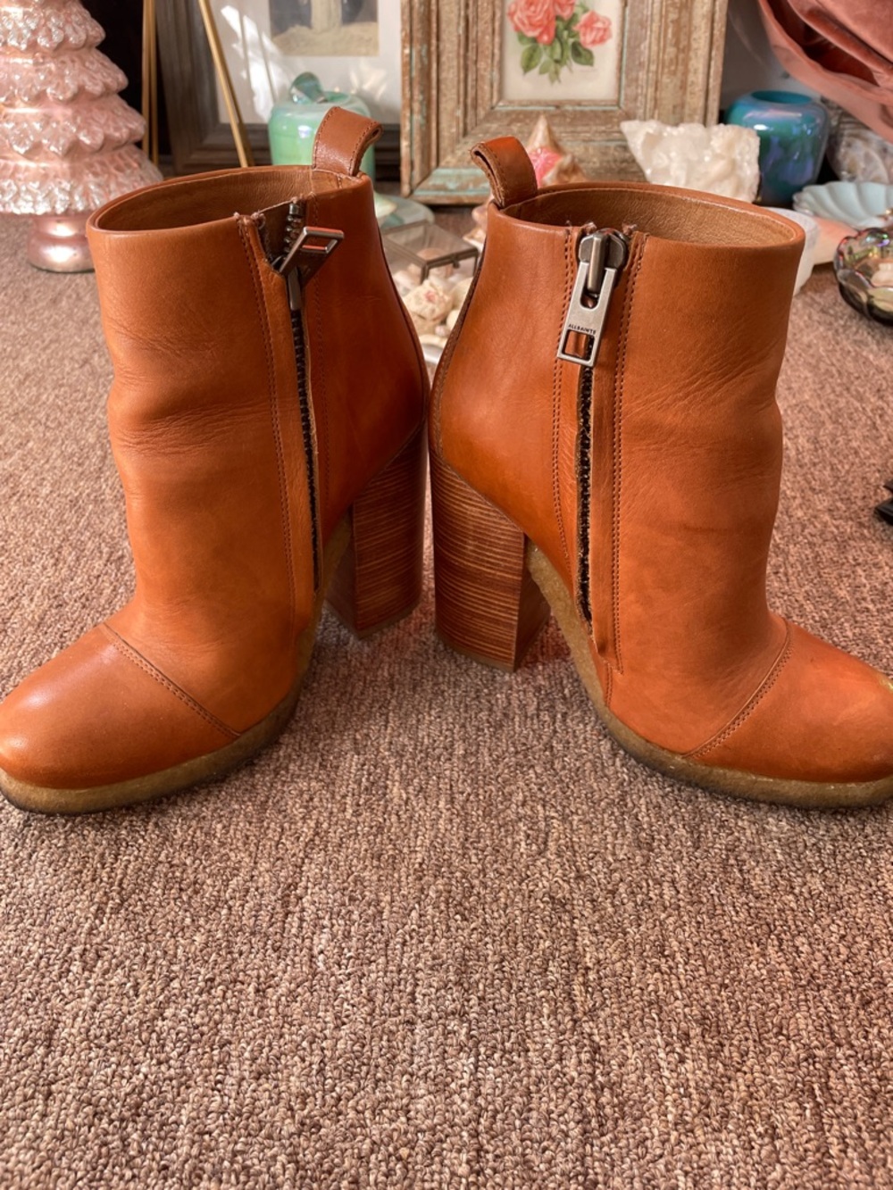 All Saints Cognac Leather Zip-Front Block Heel Ankle Boots - Picture 6 of 8